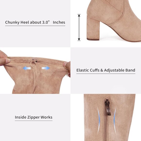 Women's Sand Suede Inner Zipper Thigh High Over The Knee High Square Heel Boots - Picture 4 of 8